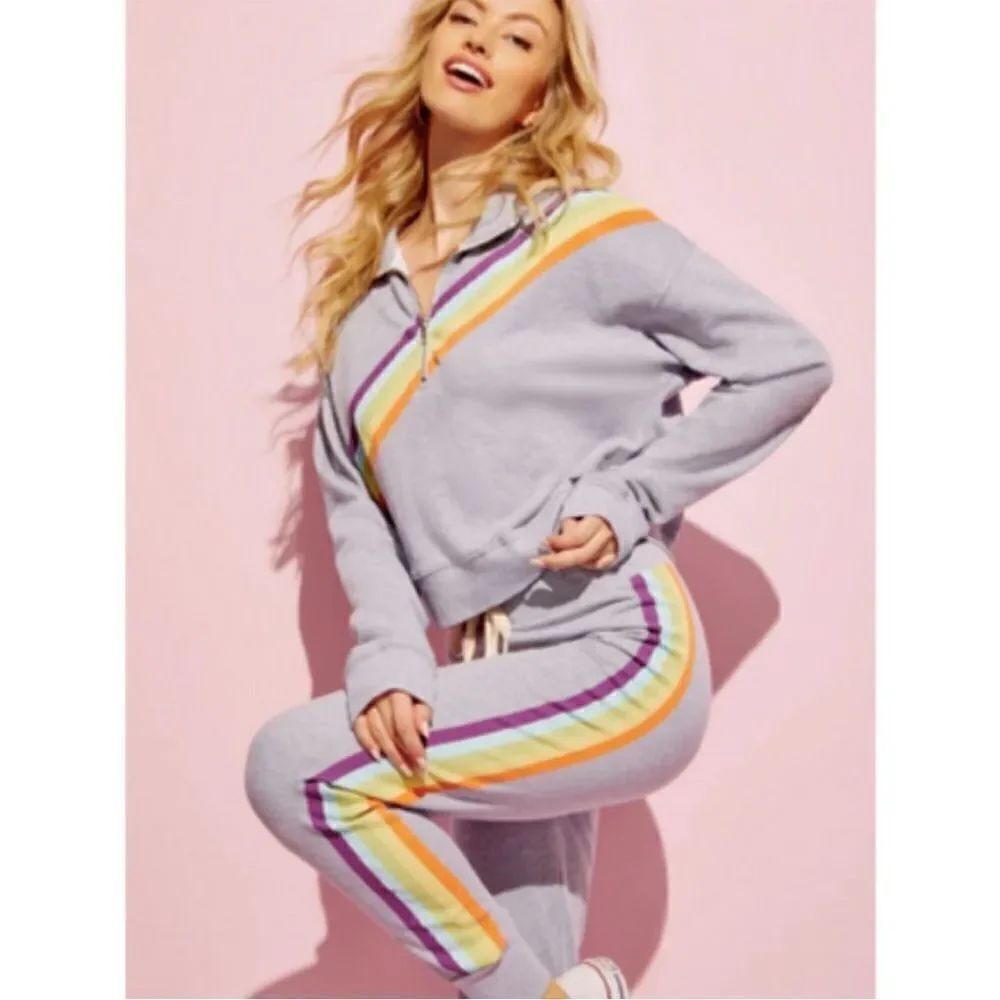 Wildfox Gray Half-Zip Rainbow Print Design Cropped Sweatshirt Contemporary